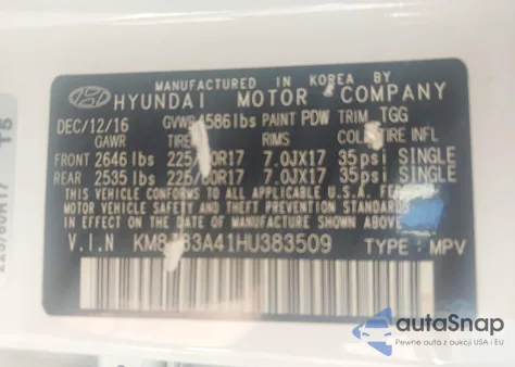 2017 Hyundai Tucson Se from USA, damaged, VIN KM8J33A41HU383509